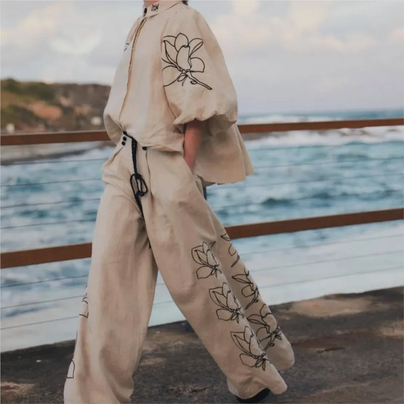 

2025 Spring Cotton Linen Women Suit Print Wrist Sleeve Top Lace Up Wide-Leg Pants Suits Female Winter Casual Trendy Lady Clothes