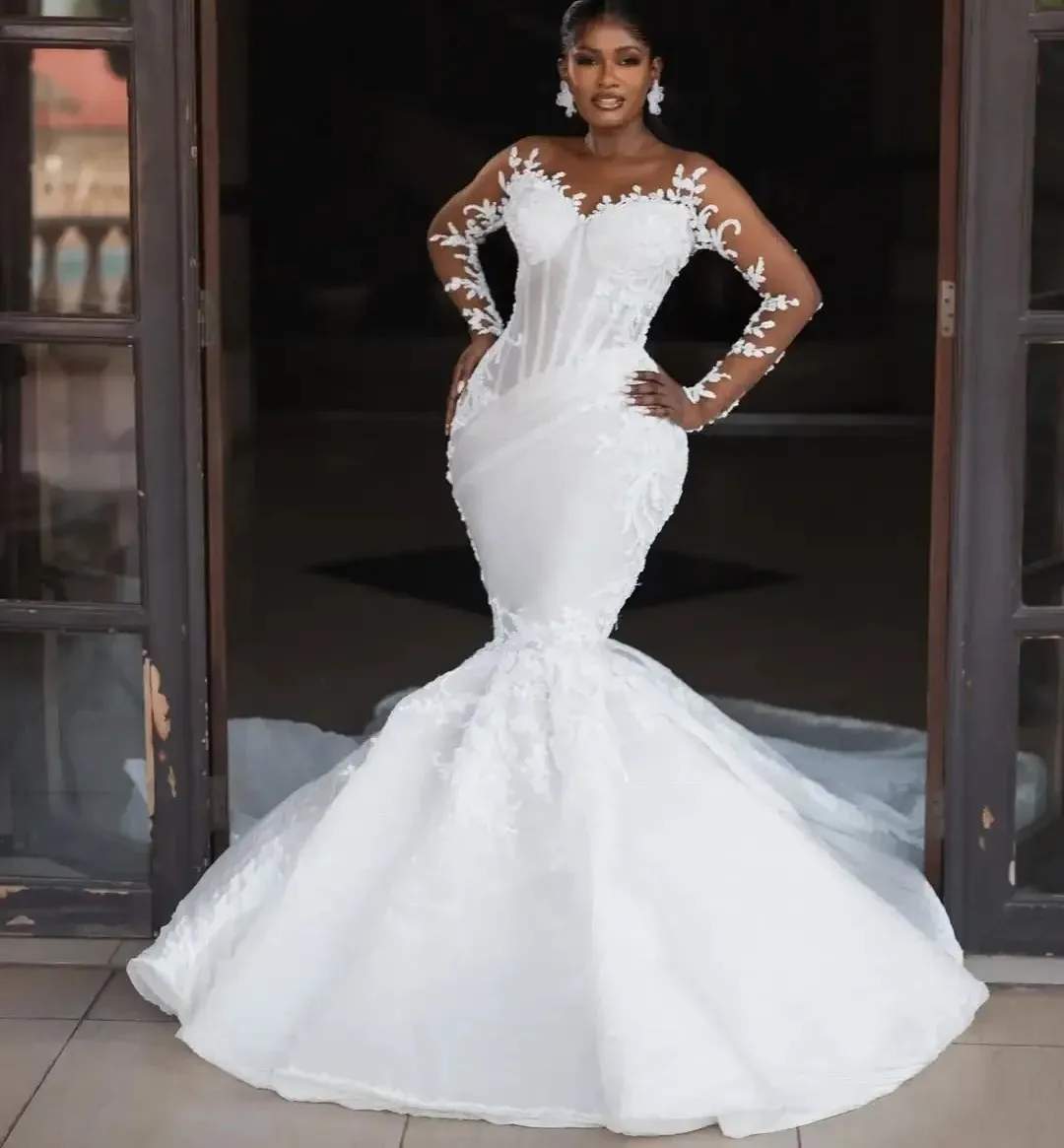 

New African Wedding Dress 2026 Sheer V-neck Long Illusion Sleeves Mermaid Organza Birde Formal Gowns Vestido De Novia