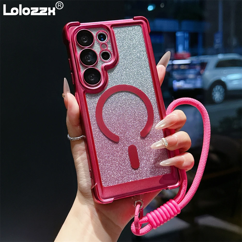 Luxus Lanyard Für Magsafe Glitter Handgelenk Strap Telefon Fall Für Samsung S25 S26 Plus S24 FE S23 Ultra Drahtlose Ladung Klar abdeckung