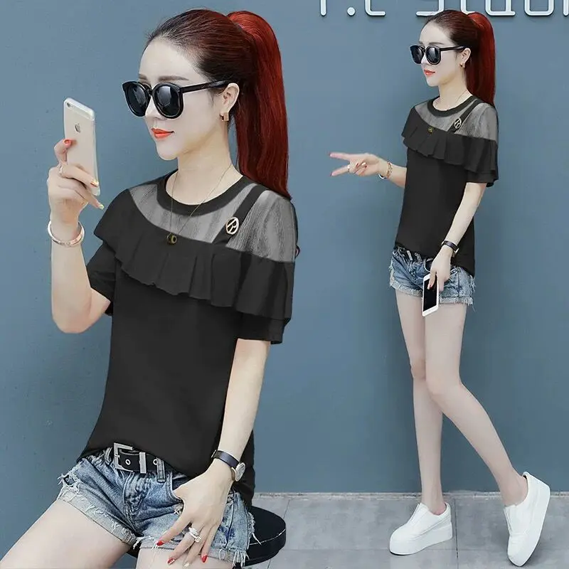 Summer New Plus Size Loose Fashion Tops Tees Short Sleeve Off Shoulder Solid Net Yarn T Shirts Harajuku Casual Women Clothing