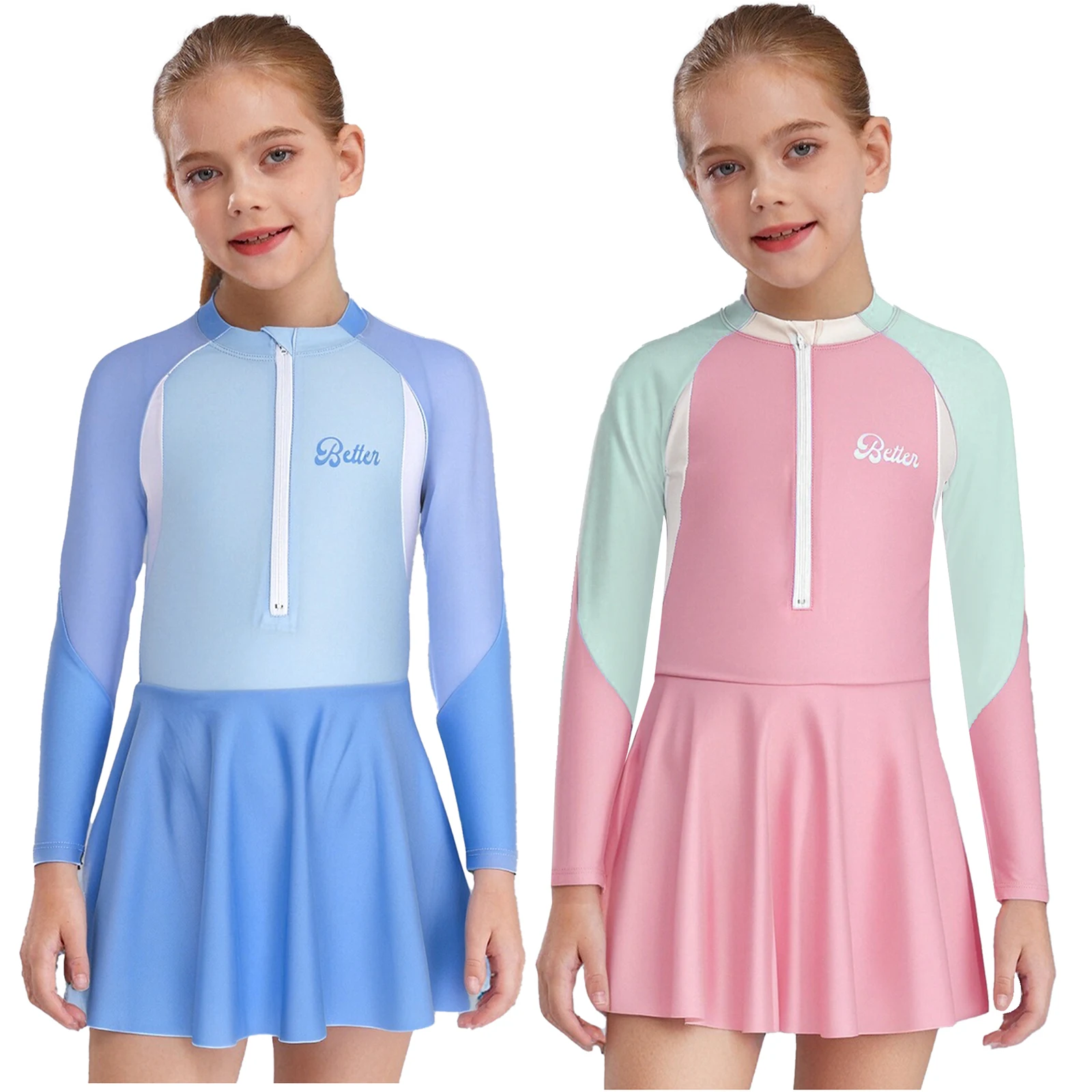Kids Girls 2-Piece Rash Guard Swimsuit Sun Protection Bathing Suit Beach Swimwear Long Sleeve Front Zipper Dress with Shorts