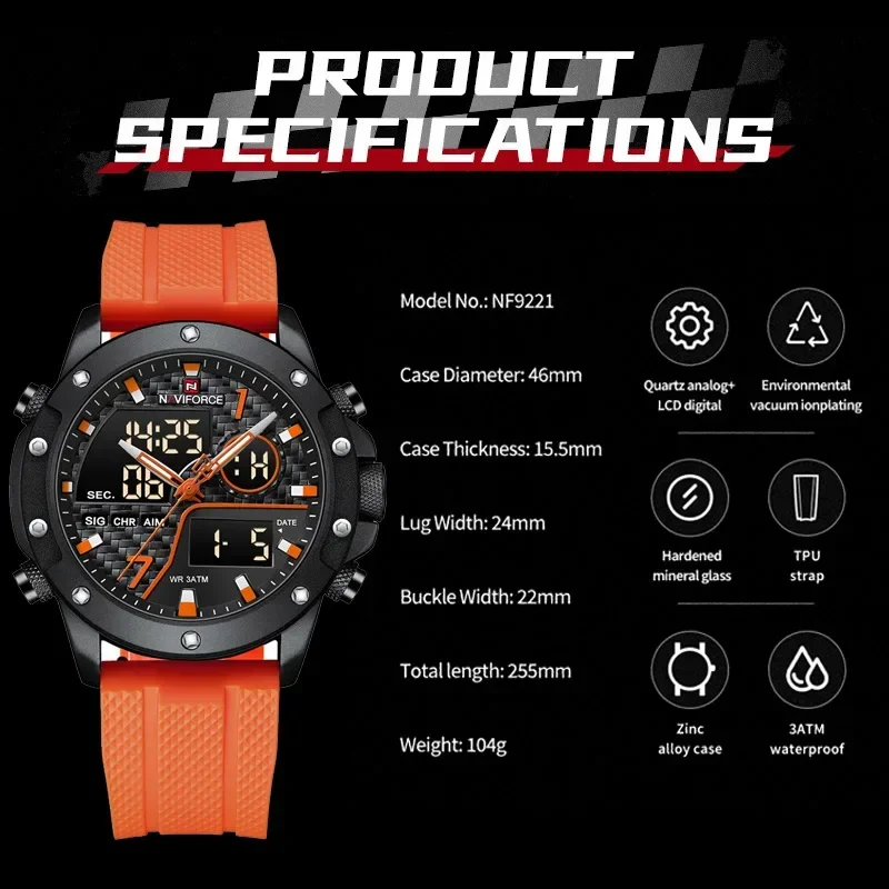 NAVIFORCE Men Watches Sport Luminous Waterproof TPU Strap Male Quartz Wristwatch Chronograph Digital Military Clock Reloj Hombre