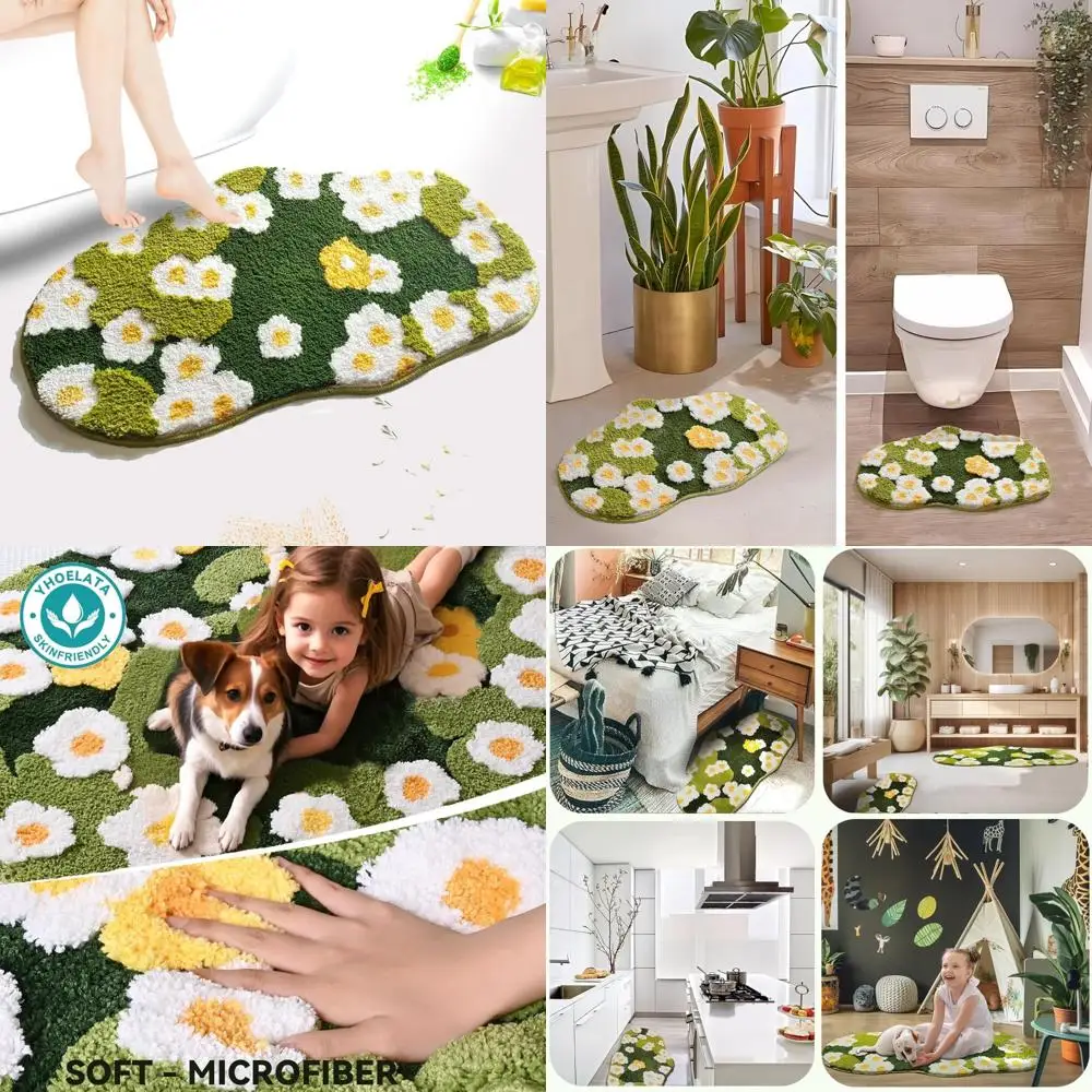 

Коврик для ванной с моховым цветочным принтом, милый коврик для унитаза с растениями, коврики для ванной комнаты с летними цветами, зеленый эстетический коврик для декора акул, мягкий впитывающий нескользящий коврик