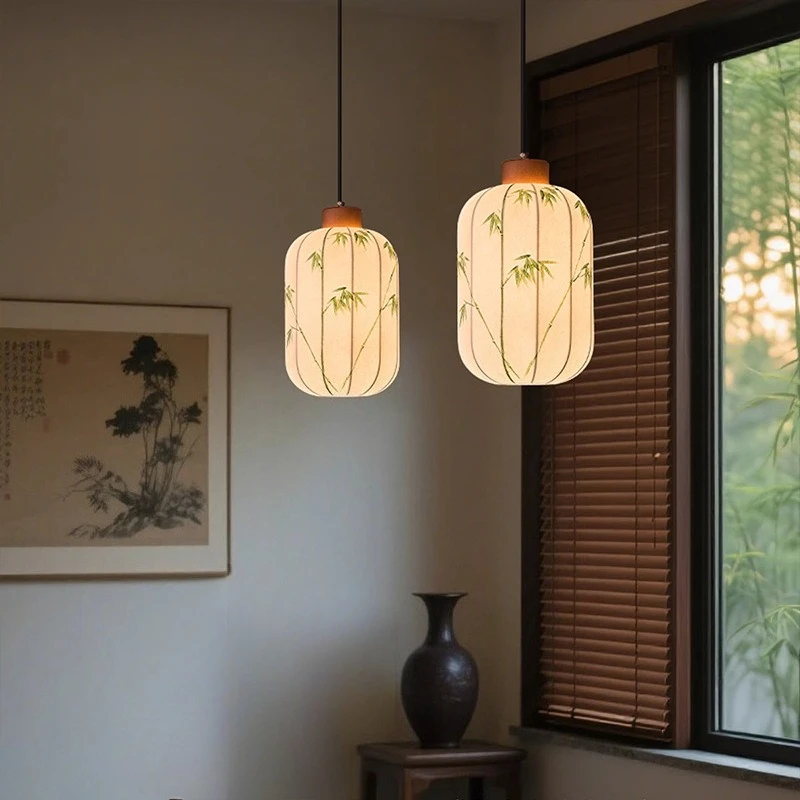 SANDYHA 중국어 레트로 펜던트 조명 손으로 그린 ​​패브릭 샹들리에 아트 LED 조명 침실 거실 식탁 홈 장식