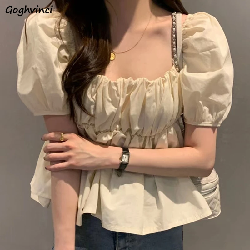 

Korean Style Shirts Women Fashion Folds Puff Sleeve Square Collar Office Elegant Solid All-match Baggy Tender Young Casual Chic