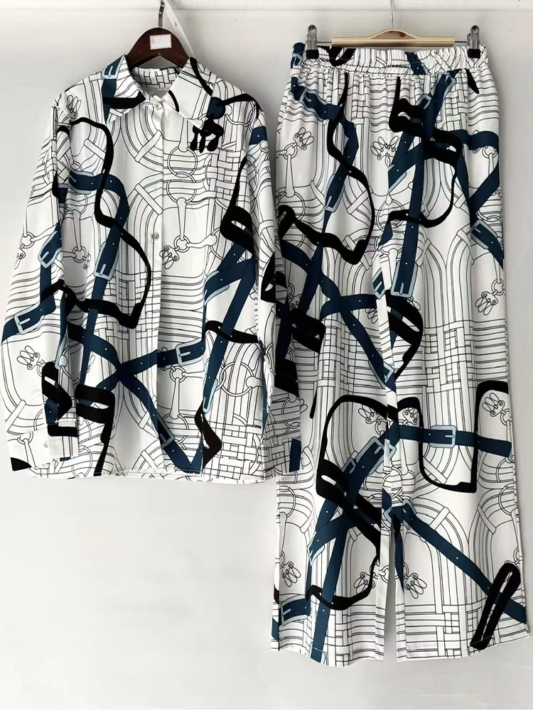 

Fall 2025 Women's Suit Lapel Single-breasted Long-sleeved Shirt+Elastic Waist Wide-leg Pants Fashion and Leisure Two-piece Set