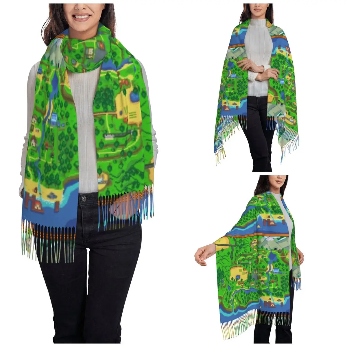 Womens Scarf with Tassel Stardew Valley Map Long Winter Fall Shawl and Wrap Stardew Valley Daily Wear Pashmina Scarves view 2
