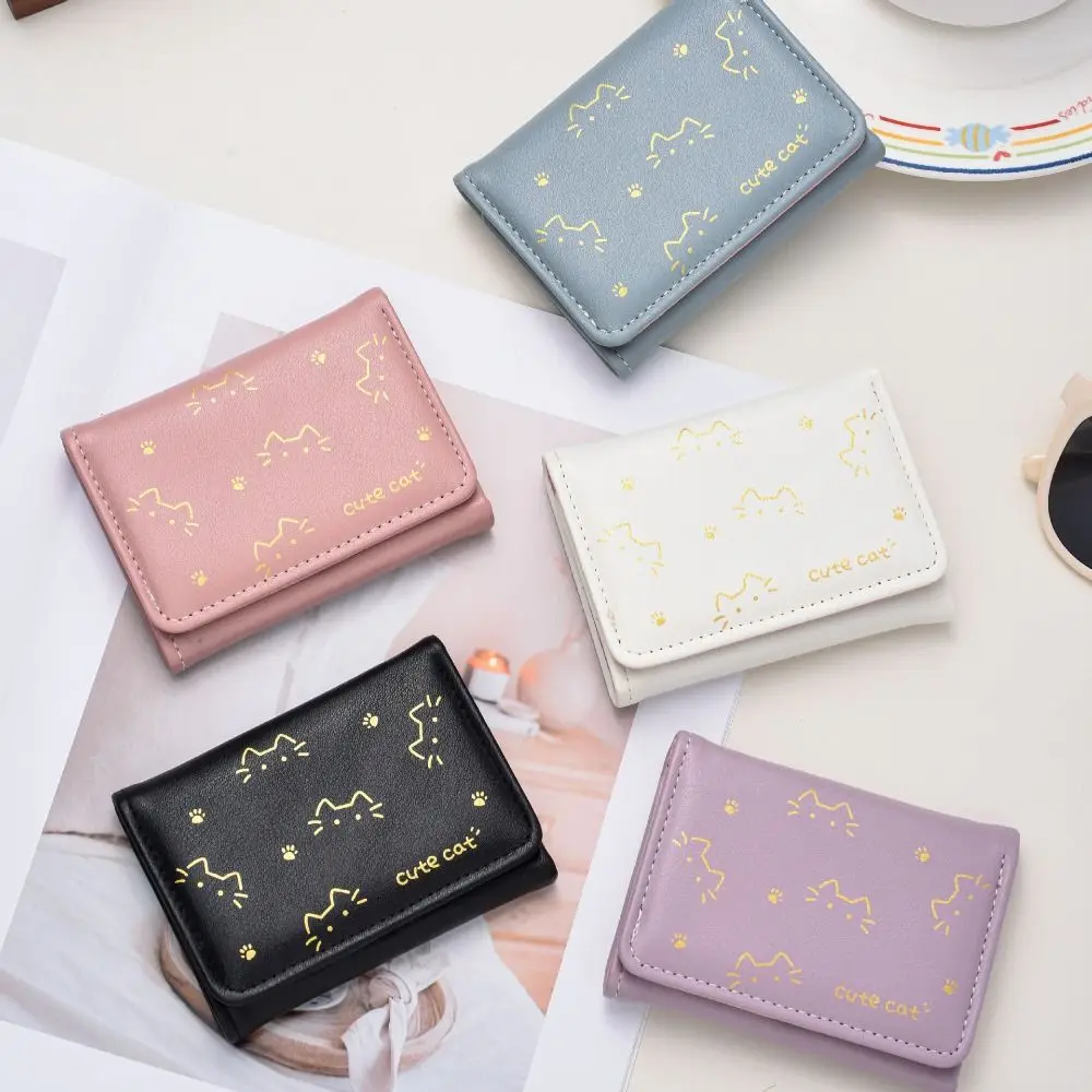 3 Folds Kitten Printed Wallet Cute Kitten Dog INS Style Short Cute Small Purse PU Leather Women Money Bags