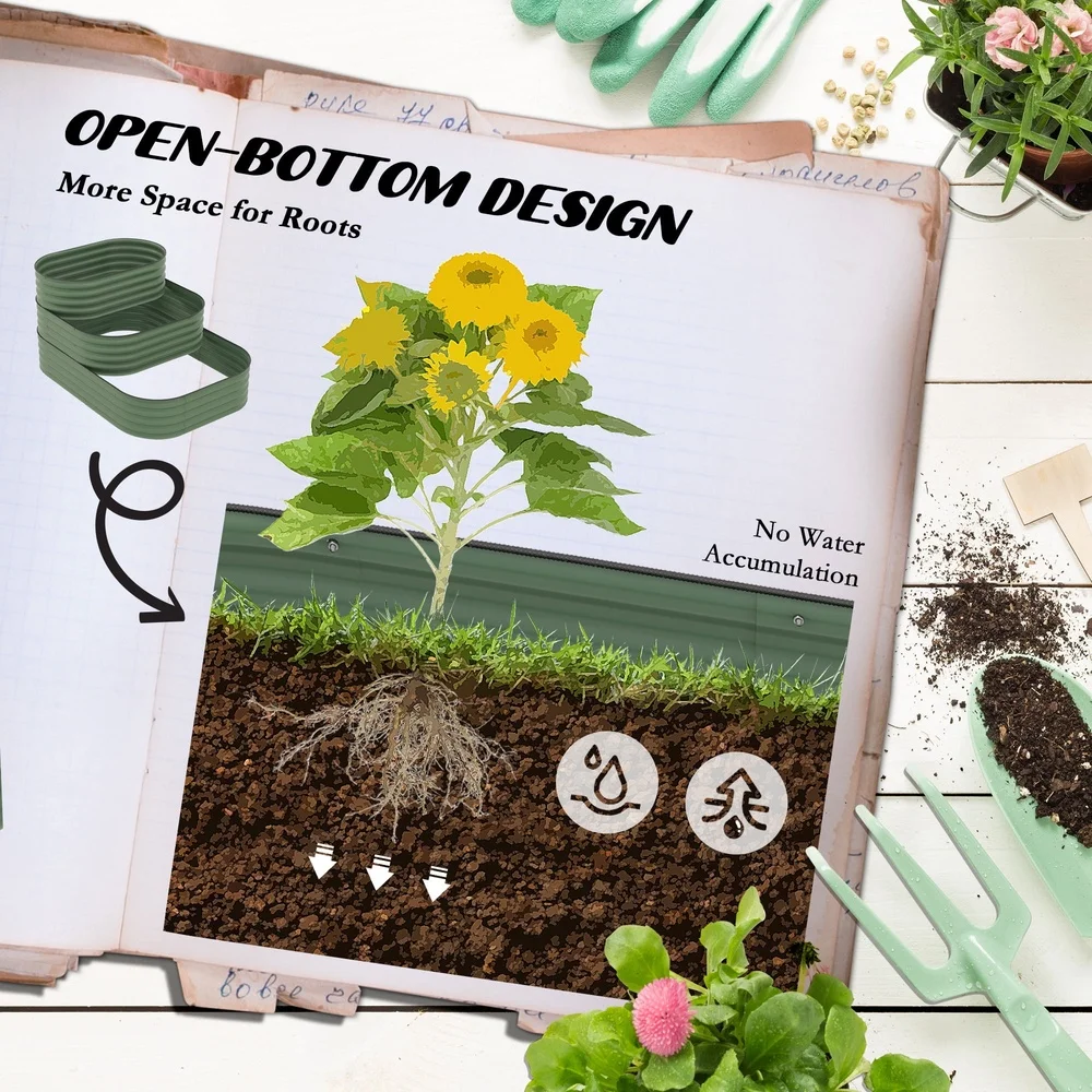 3-Tier Galvanized Steel Raised Garden Bed Planter Set Outdoor Compartment Design Deep Drainage System Herbs Vegetables Flowers