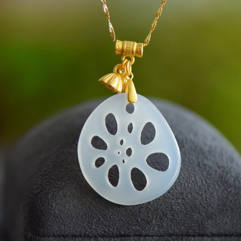 

With Certificate New Chinese Style 925 Silver Gold Plated Ice White Chalcedony Agate Lotus Birth Fortune Peace Pendant Necklace