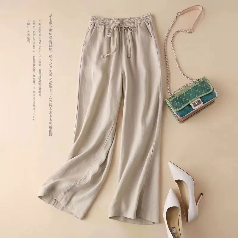 Women' High-Waited Cotton-Linen Wide-Leg   Thin Linen Women' Pant,