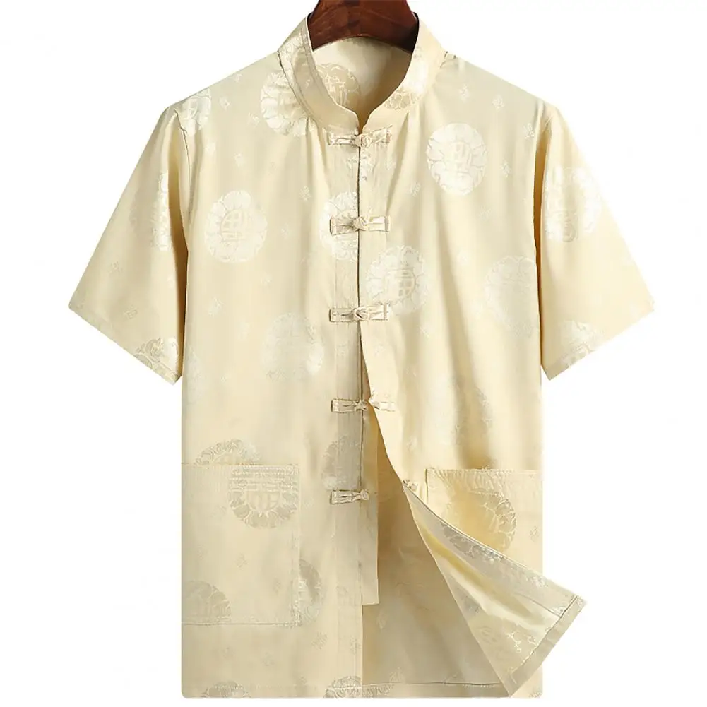 Men Shirt Blessing Pattern Knot Buckle Short Sleeve Solid Color Stand Collar Tang Suit Shirt Kung Fu Clothes for Chinese New Yea