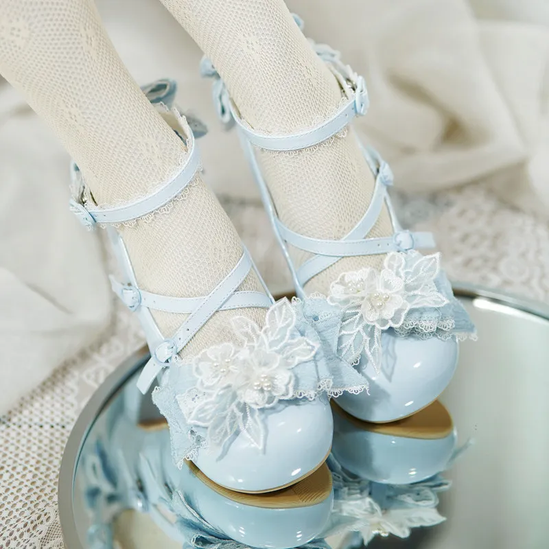 

Original Lace Bow Middle Heel Women's Single Shoe Flower Wedding Lolita Shoes Japanese Sweet Girl Tea Party Single Shoes