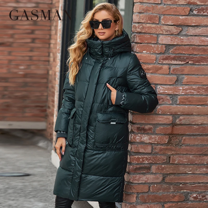 Gasman 2022 mulheres para baixo jaqueta longa clássico zipper design grande carrinho de bolso colarinho com capuz casaco fino mulheres parkas