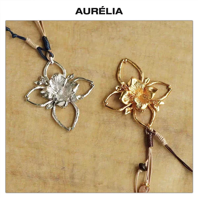 

Europe America Vintage Braided Rope Flower Gold Silver Pendant Necklace Women Romantic Bohemian Jewelry Trend