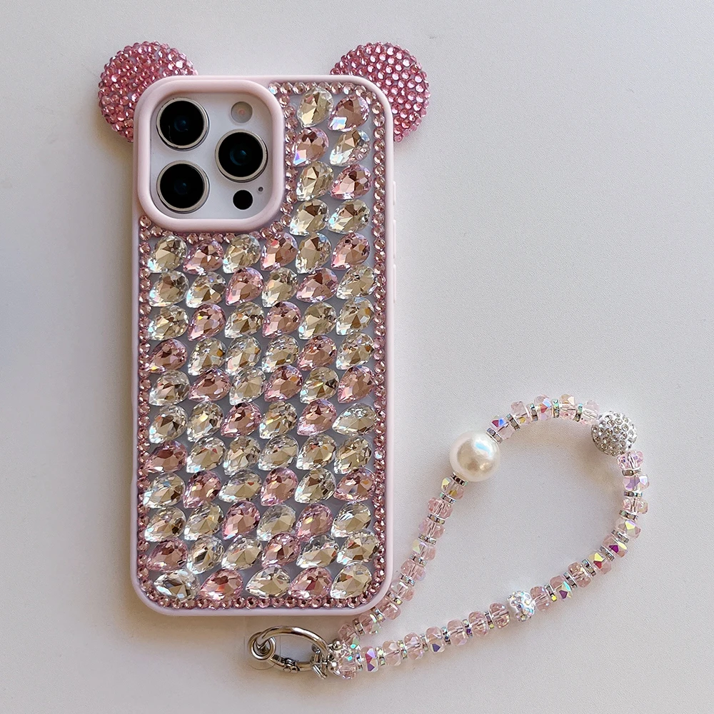 Urocze etui na telefon z uszkami 3D, zdobione diamentami, kryształkami i brokatem, do iPhone'a 17 Air 16 15 14 13 Pro Max, odporne na wstrząsy, stylowe etui na tył telefonu. — zdjęcie produktu 3