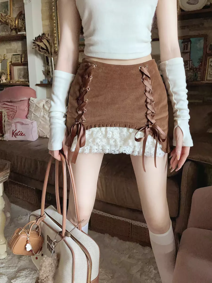 

Princess sweet lolita skirt bobon21 cute Lace patchwork corduroy bow strap short skirt B2355