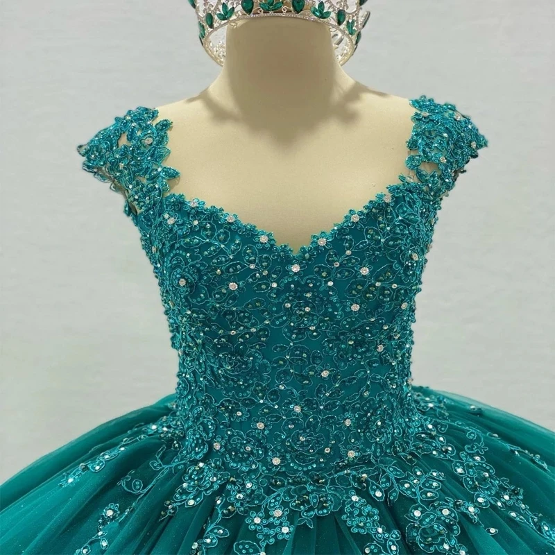 청록색 공주 Quinceanera 드레스 2023 아플리케 채플 기차 레이스 업 코르셋 파티 15 quinceañera