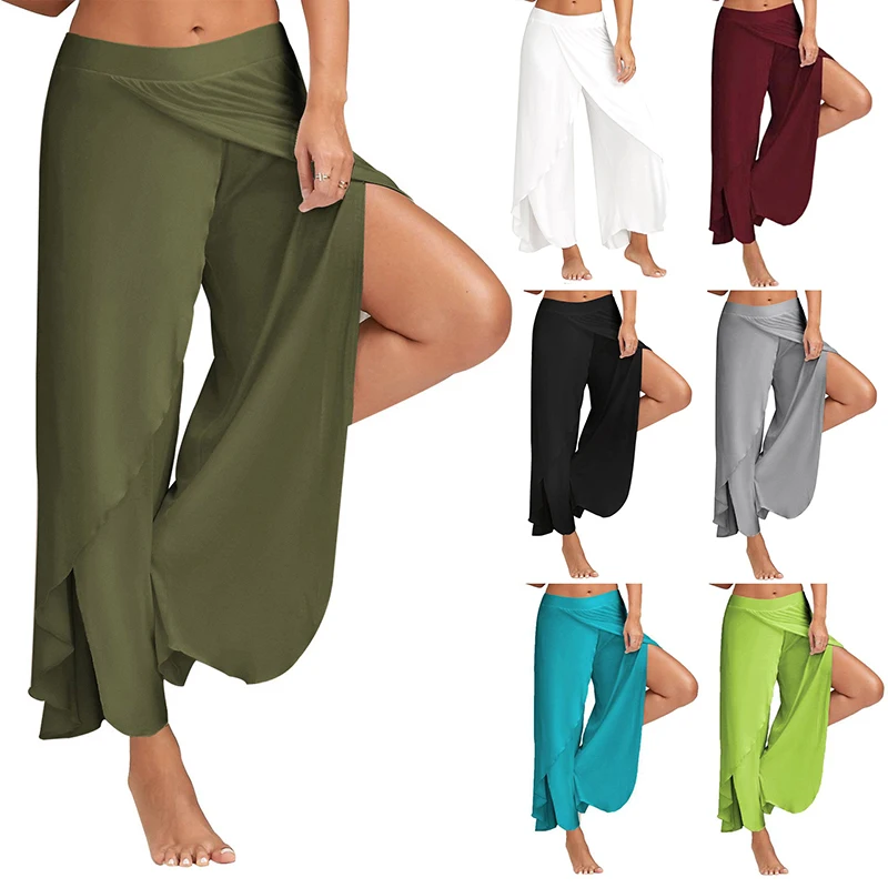 Women Wide Leg Pants Yoga Split Trousers Female Elastic Wasit Casual Loose Fitness Open Leg Pants Solid Color Harem Pants