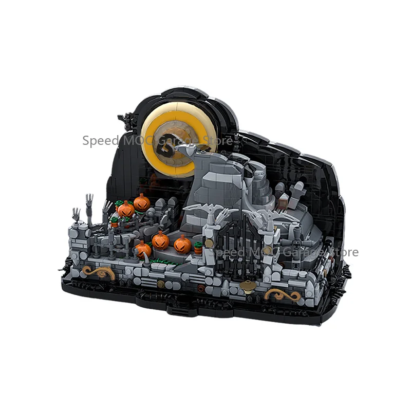 Dark Gothic Ruin Hill MOC Brick Skeleton Ornaments Circular Background Wall Creepy Retro Architecture Scene Collectible Building