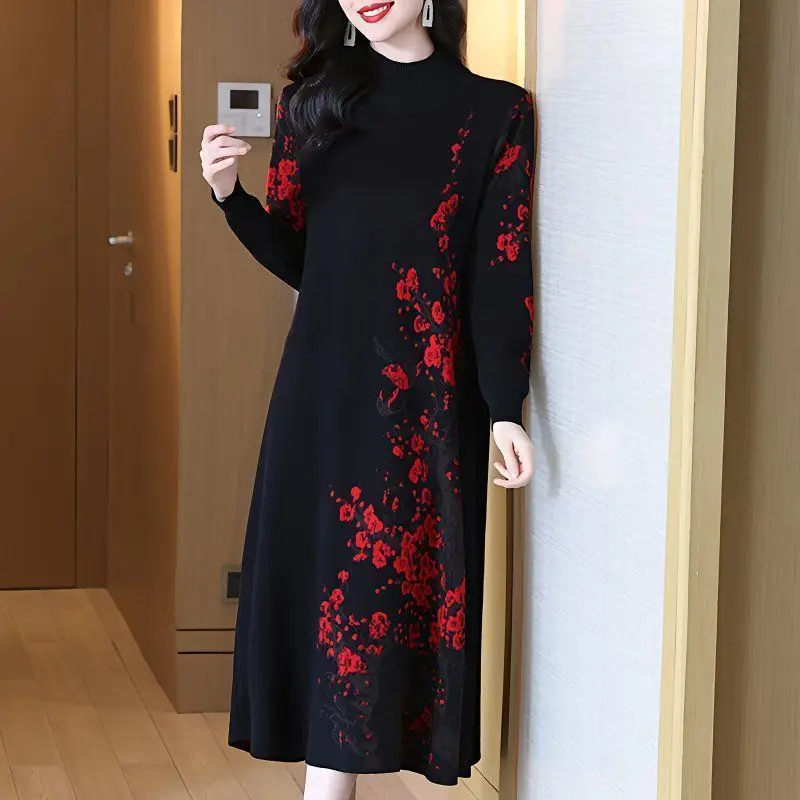 

Print Jersey For Women Turtleneck Warm Pullover Sweater Middle Aged Mother Dress Spring Autumn Knitwear Woolen Woman Clothing