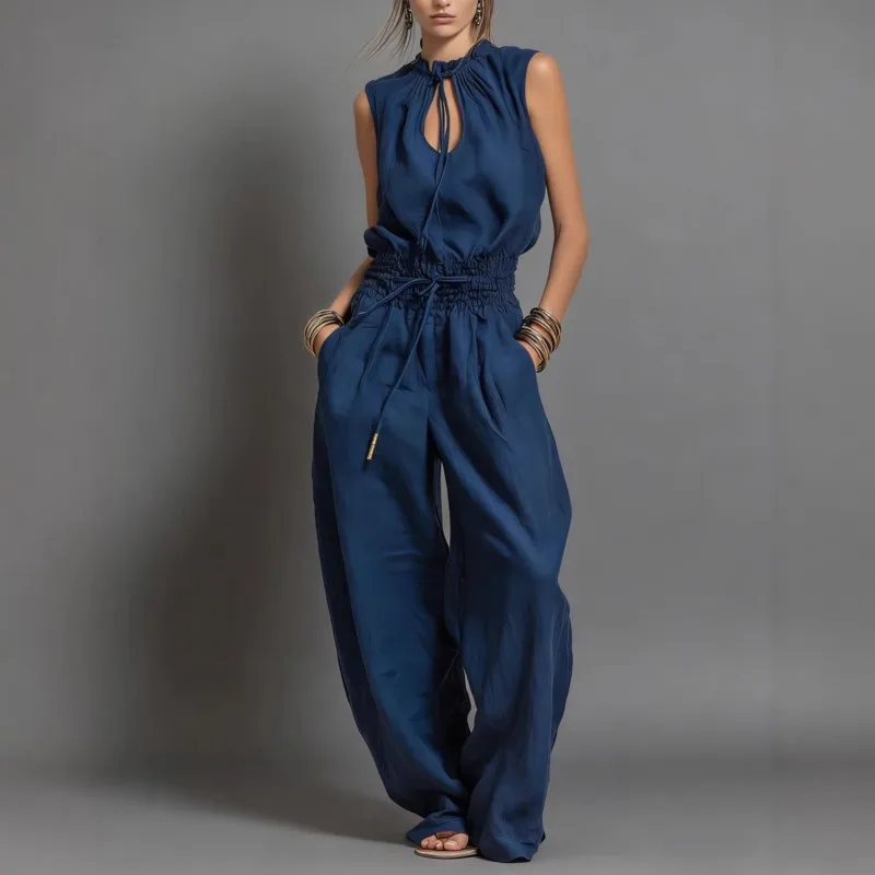 

2026 New One-piece Pants Sleeveless Solid Color Waist Strap Casual Fashionable Comfortable Temperament Wide Leg One-piece Pants