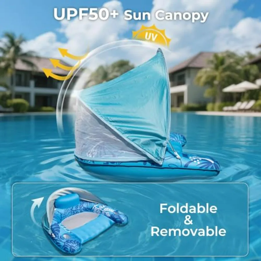 Inflatable Fabric Covered Pool Float for Adults: UV-Resistant Polyester, Navy Blue, UPF50+ Sunshade Canopy Dual Cup Holders