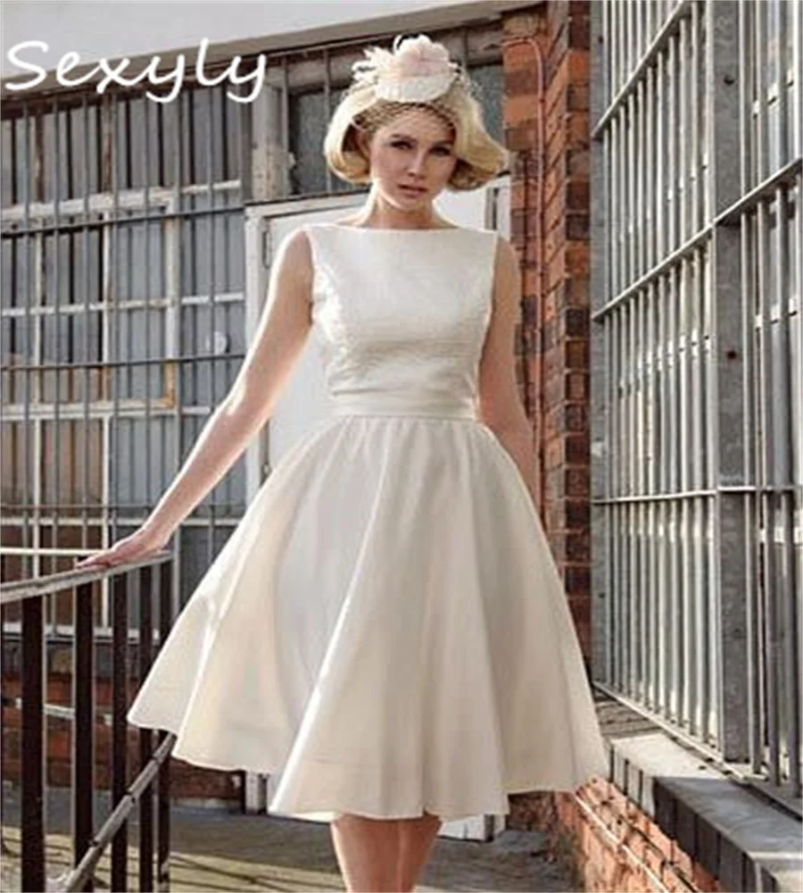 

Simple Short Soft Satin Wedding Dress 2023 A Line Civil Boho Bridal Gowns Elegant Retro Sleeveless Country Garden 1950s Bride