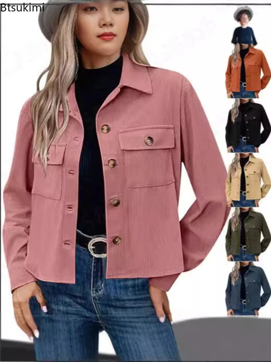 

Autumn Winter Women Jackets Coats Turn Down Collar Full Sleeve Casual Single Breasted Jacket Splice Button Pocket Cropped Coat