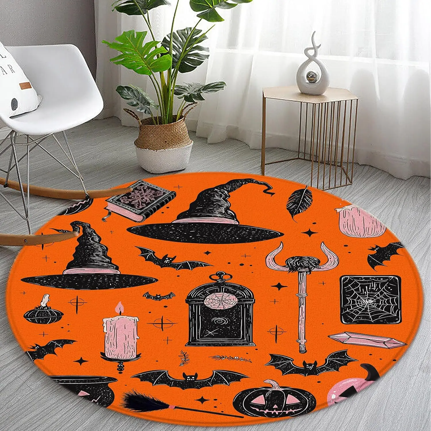 Spooky Halloween Round Rug Vintage Black Alchemy Creepy Magic World Witch Hat Pumpkin Bats Witchcraft Gothic for Entryway Living Room Bedroom Home Decor 3ft