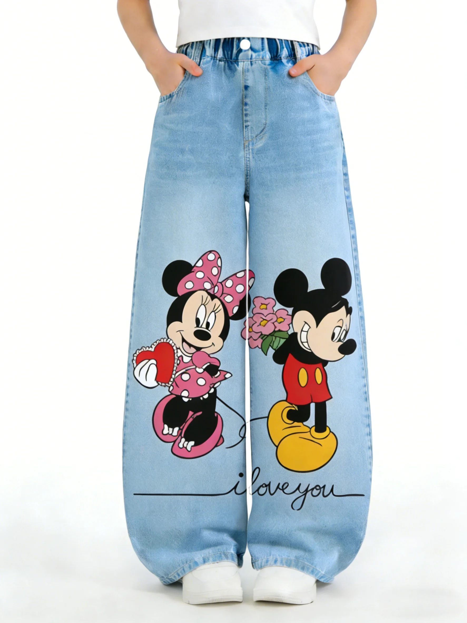 

Джинсы для девочек с изображением Микки и Минни Диснея, мягкие длинные брюки, модный деним в корейском стиле для девочек
