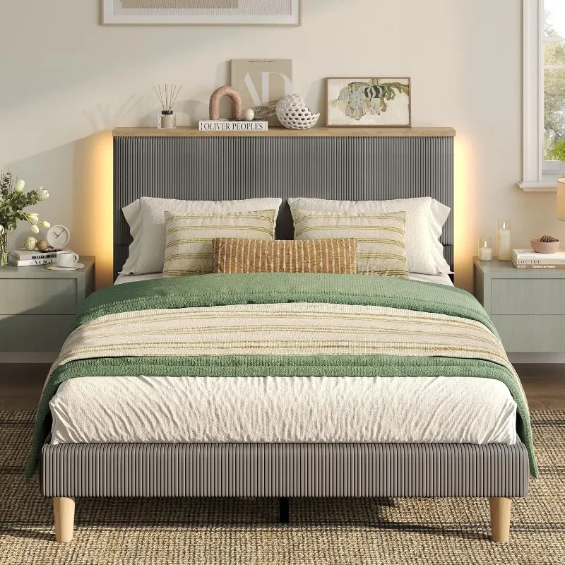 Queen Size Corduroy Upholstered Bed Frame w/Adjustable Vertical Channel Tufted Headboard,LED Platform Bed w/ Storage Shelf,Grey