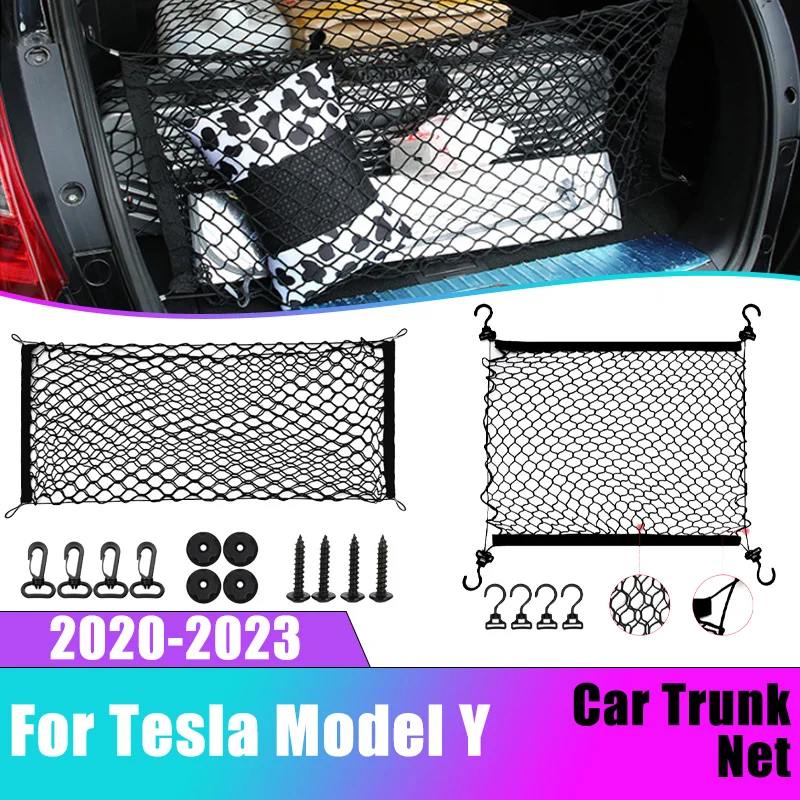 

For Tesla Model Y 2020-2023 2021 2022 Car Boot Trunk Nets Nylon Layer Mesh Luggage Bag Storages Rear Back Cargo Car Accessories