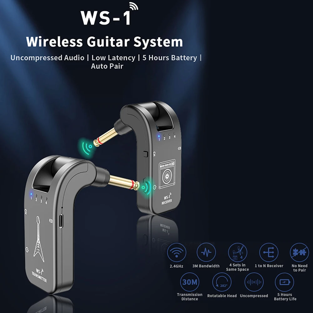 WS-1 2.4GHz Wireless Guitar System Rechargeable Audio Transmitter and Receiver 4 Channels 30m Transmission 282º Rotatable Head 5