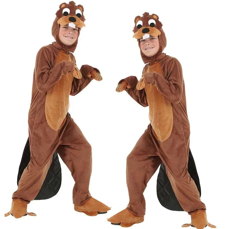 Adult Busy Beaver Costume Animal Short PLush Cosplay Jumpsuit for Party Halloween Outfits for Kids and Men