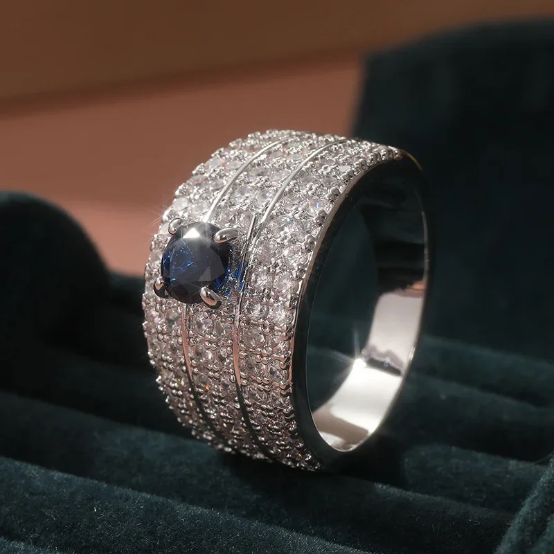 Ladies's Luxurious Fashion Wide Band Ring Synthetic Sapphire Vintage Style Ring Banquet Party Temperament Jewelry Accessory