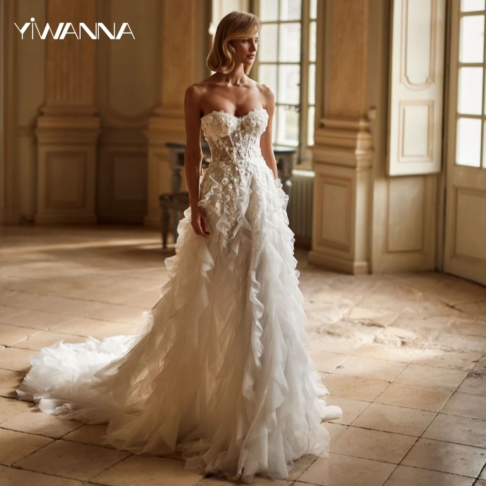 

Ruffled Pleat A-line Long Bride Robe Romantic Sweetheart Neck Bridal Gown Lace Appliques Wedding Dress Customized Robe De Mariée
