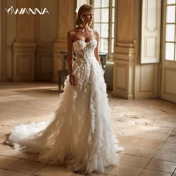 Ruffled Pleat A-line Long Bride Robe Romantic Sweetheart Neck Bridal Gown Lace Appliques Wedding Dress Customized Robe De Mariée