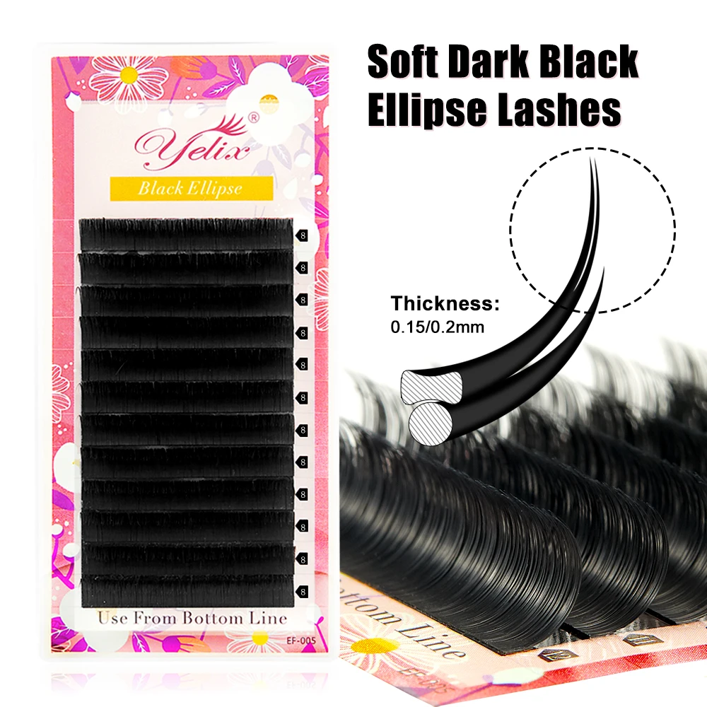 Yelix Ellipse Flat Eyelash Extensions 0.15 0.20 Thick Fluffy Dense False Lashes Volume B/C/CC/D/D+ Split Tips Easy Grafting