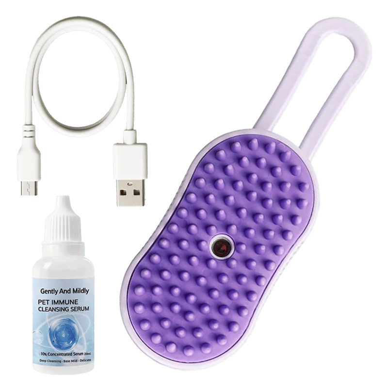 

3-in-1 Pet Steamy Brush for Massage, Cleaning & Grooming, Built-in Spray Function with Leave-in Essence for a Shiny Coat.