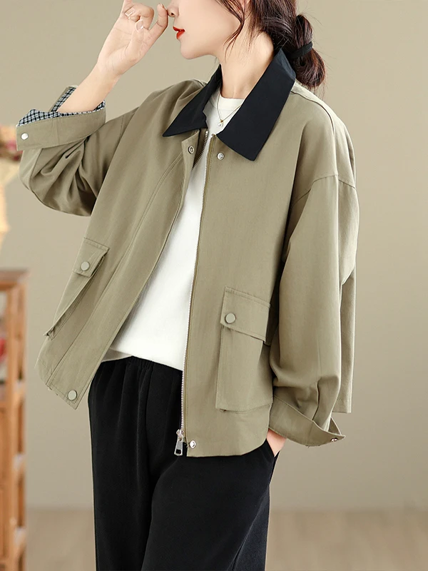 Fashionable Hong Kong Style Contrast Color Collar Workwear Jacket Short Loose Casual Top for Women Cotton Polyester Blend