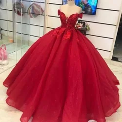 Glittering Red Off-Shoulder Princess Quinceanera Dresses Vestidos De 15 Anos Party Lace Beading Masquerade Birthday Ball Gown