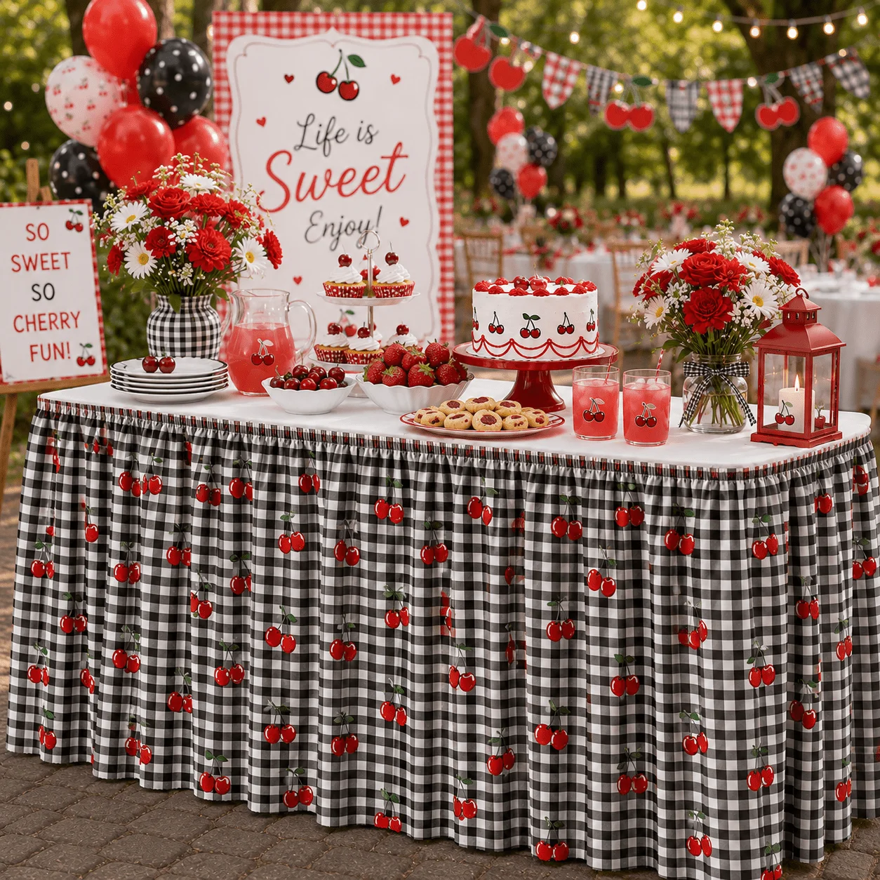 tableskirt 1 piece. 2D flat printing. With black and cherry pattern. Retro sweet and cool country style.