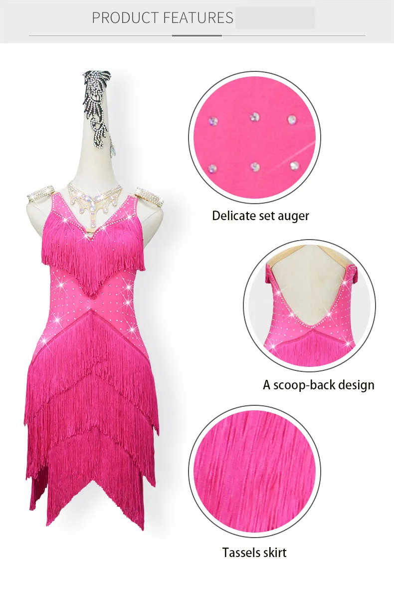 2023 New Professional Rose Red Latin dance Competition Table Performance Costume women Dance Tassel Dress Costume