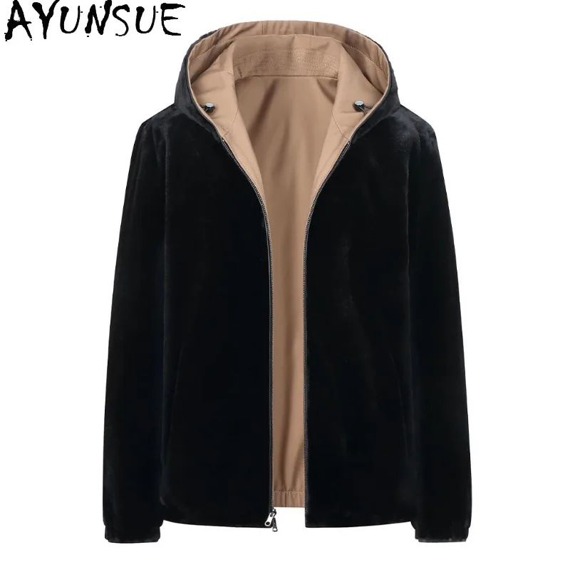 AYUNSUE Hooded Natural Fur Parkas Men's Warm Winter Whole Mink Fur Liner Jacket Reversible Real Fur Coat Man Clothing Outerwear