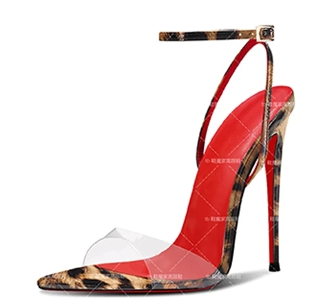 

New sexy high heels with leopard print pointed toe and exposed toe straight buckle strap slim heel sandals women's fashion shoes