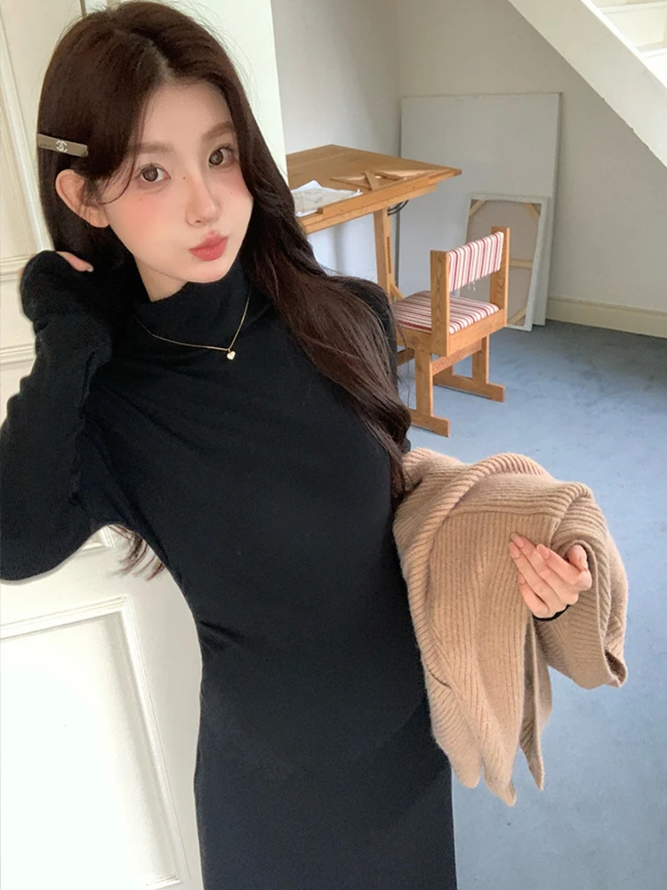 2024 Autumn Maternity Dress For Pregnancy Women Fashionable Long Black Knit Dress +  Thick Sweater Coat Elegant High-neck Dress