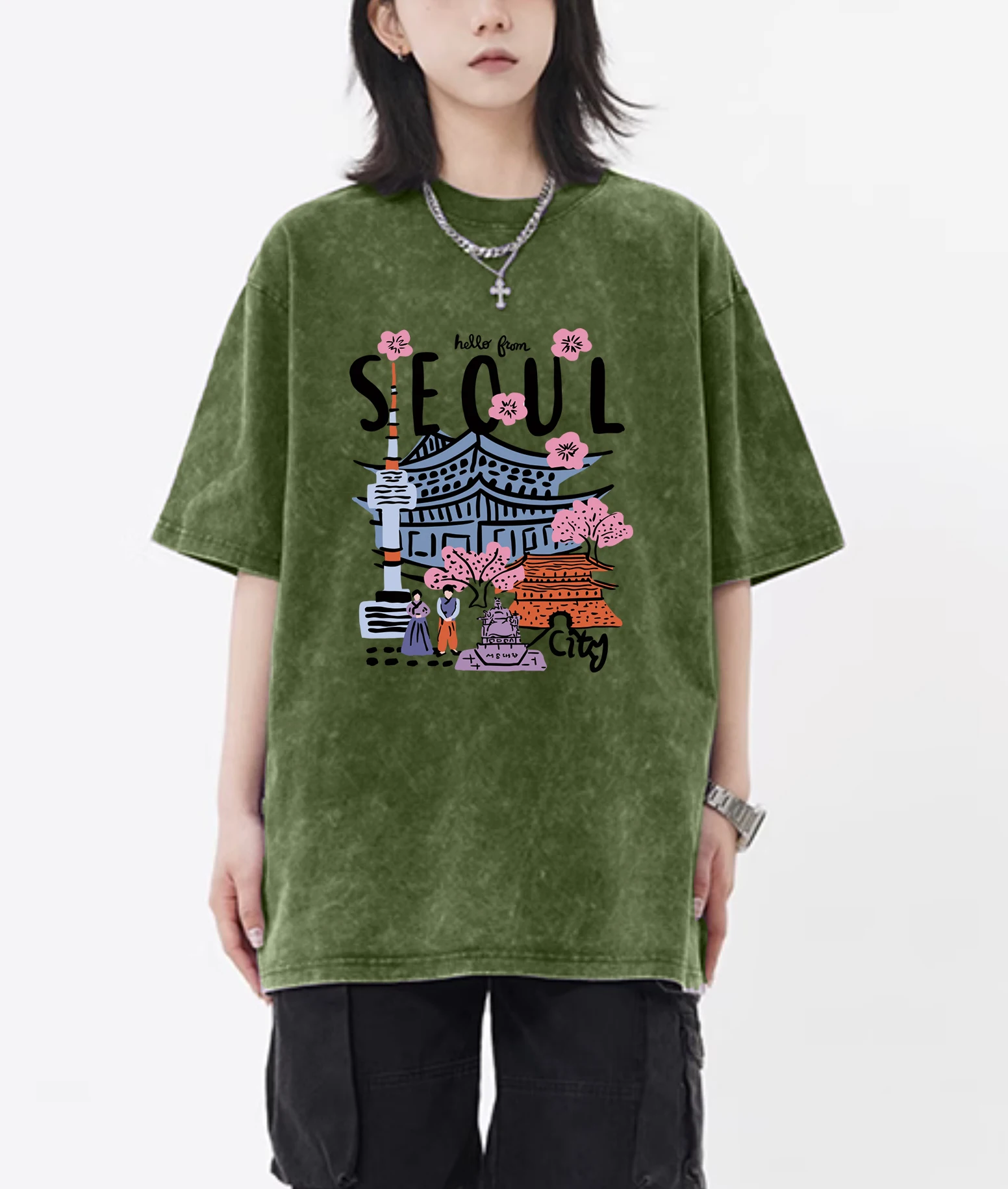 Seoul Beautiful Scenery Printed Washed T-Shirt Female Breathable New Cotton Cool Tee Shirt Summer Snow Wash Clothing Unisex