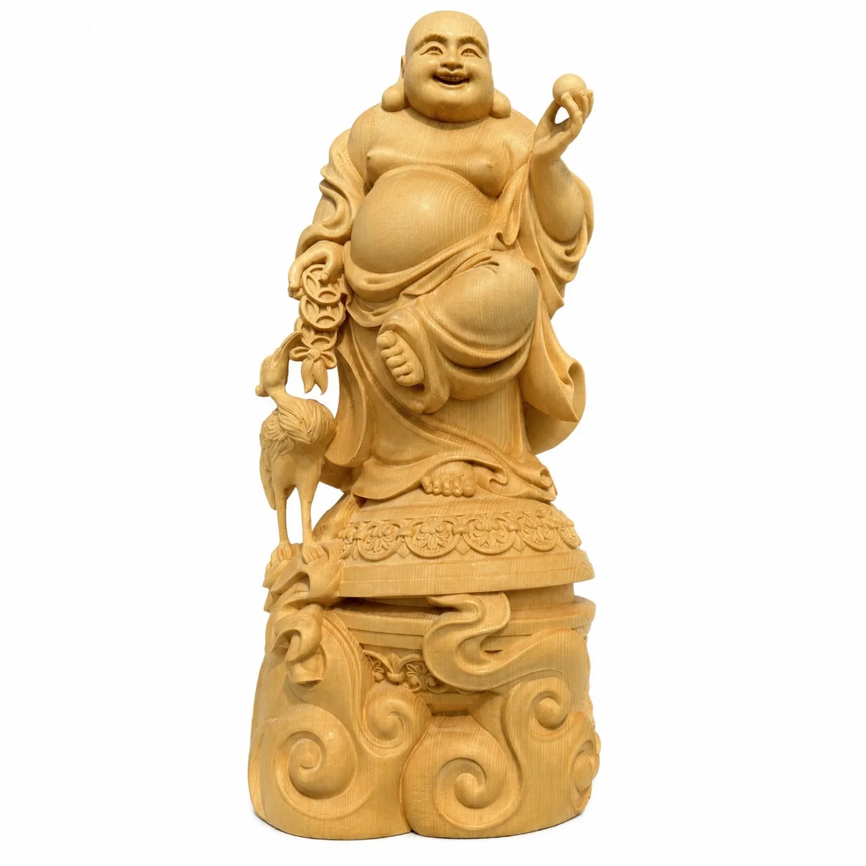 Hand Carved Hinoki Wood Maitreya Buddha Statue with Crane for Traditional Zen Home Living Room Office Desk Decor Gift