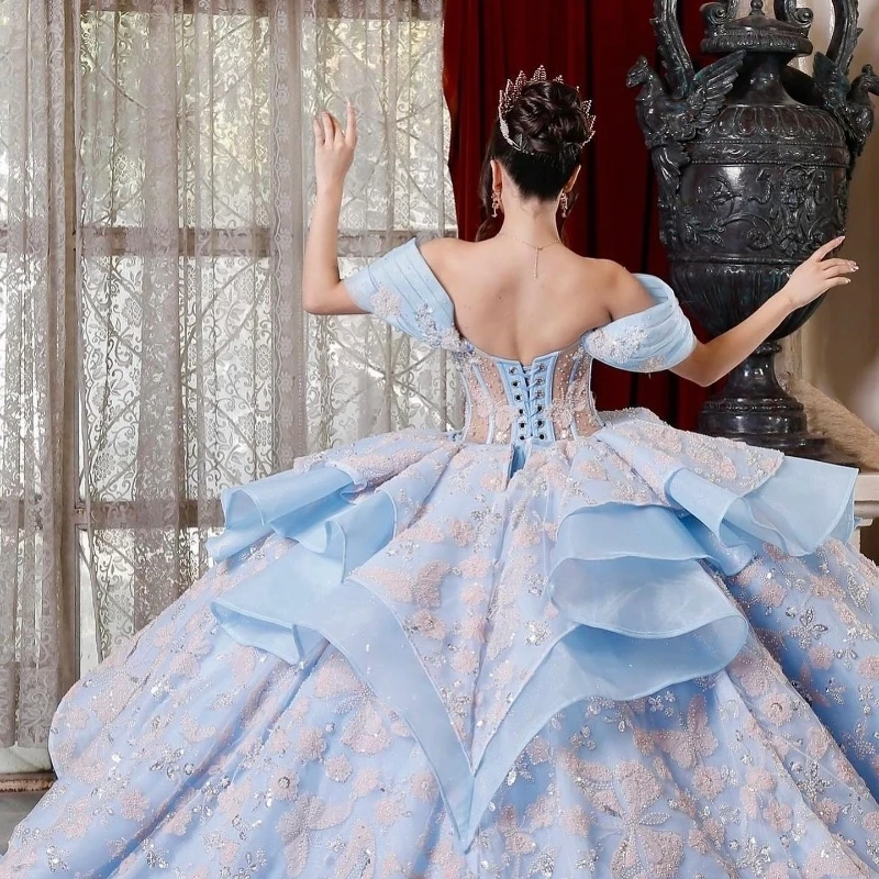 فساتين Quinceanera على شكل كرة الأميرة بدون أكتاف مزينة بفيونكة كريستال تول فيستدو دي 15 أنوس 16th حفلة موسيقية